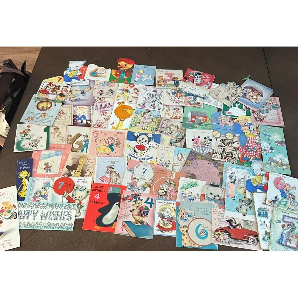 Vintage Birthday Cards Lot Mid Century Childrens Ephemera Animals Ages 1-7 60+pc